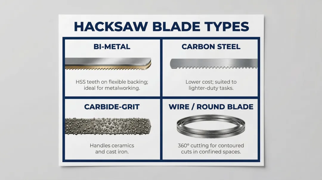 Four hacksaw blade types comparison infographic bi-metal carbon carbide wire