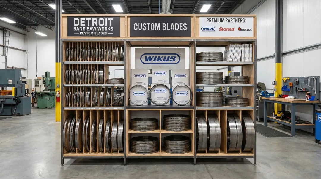 Detroit Band Saw Works custom blade inventory showing range of widths and premium brands