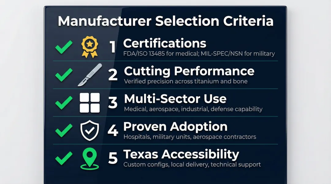 Five core gigli saw manufacturer selection criteria checklist infographic for procurement teams
