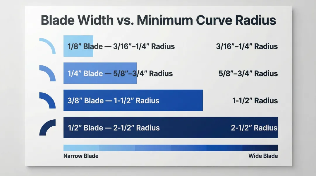 Band saw blade width minimum curve radius comparison chart for woodworking