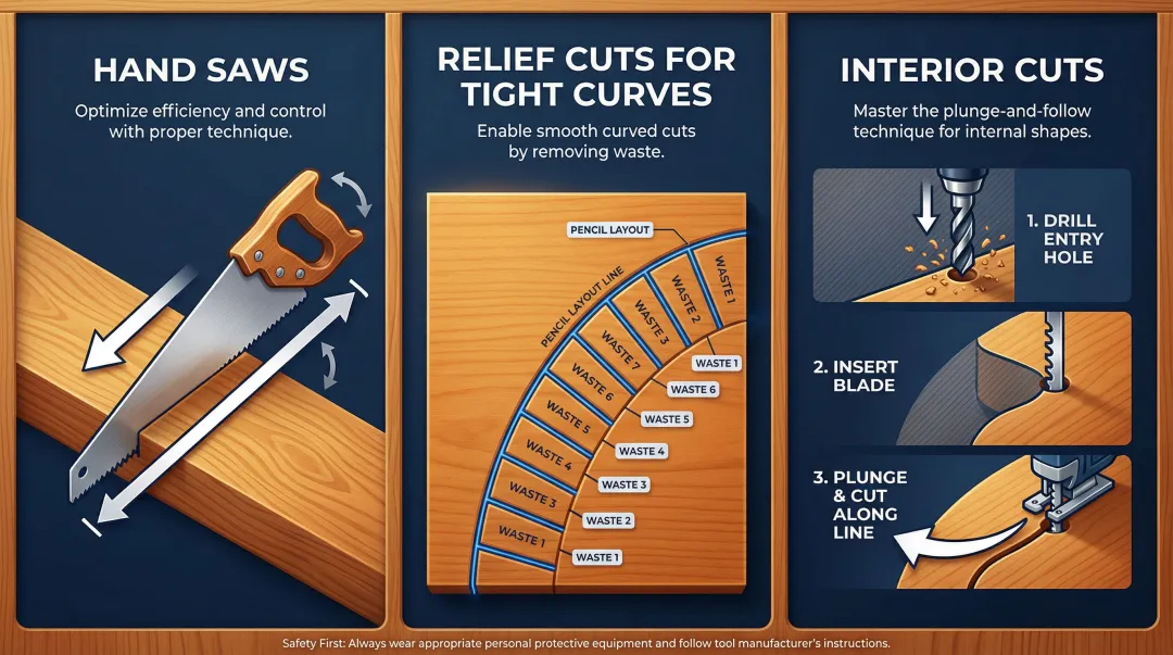 Three curved cutting techniques for hand saws band saws and interior cuts