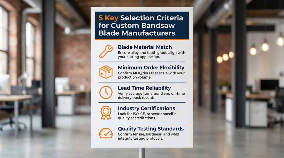 Five key custom bandsaw blade manufacturer selection criteria checklist infographic