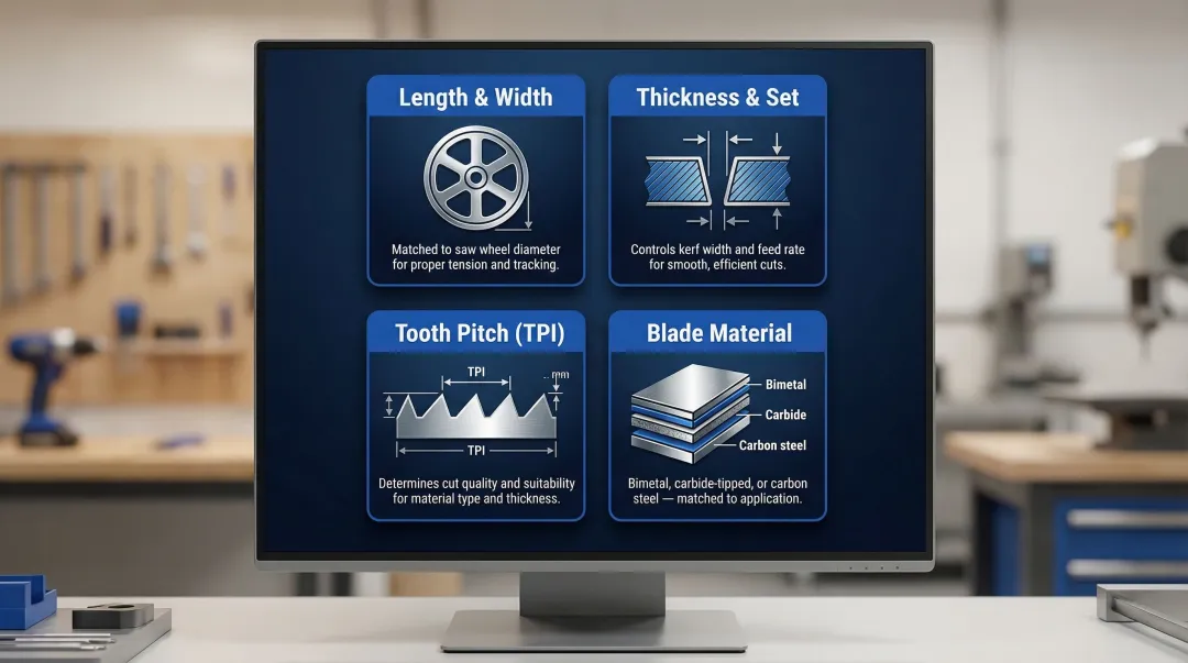 Four custom bandsaw blade specification parameters comparison infographic