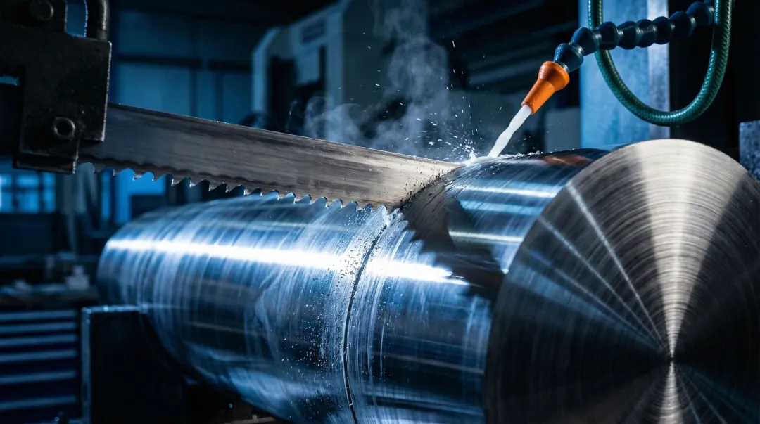Industrial bandsaw machine cutting metal billet in manufacturing facility
