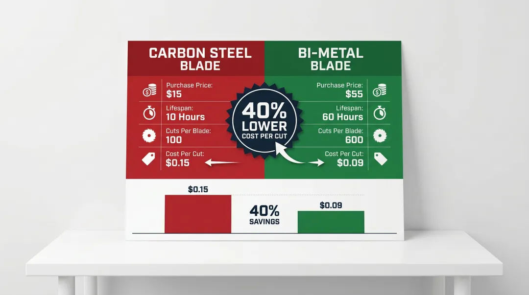 Cost-per-cut comparison carbon steel versus bi-metal bandsaw blade production scenario