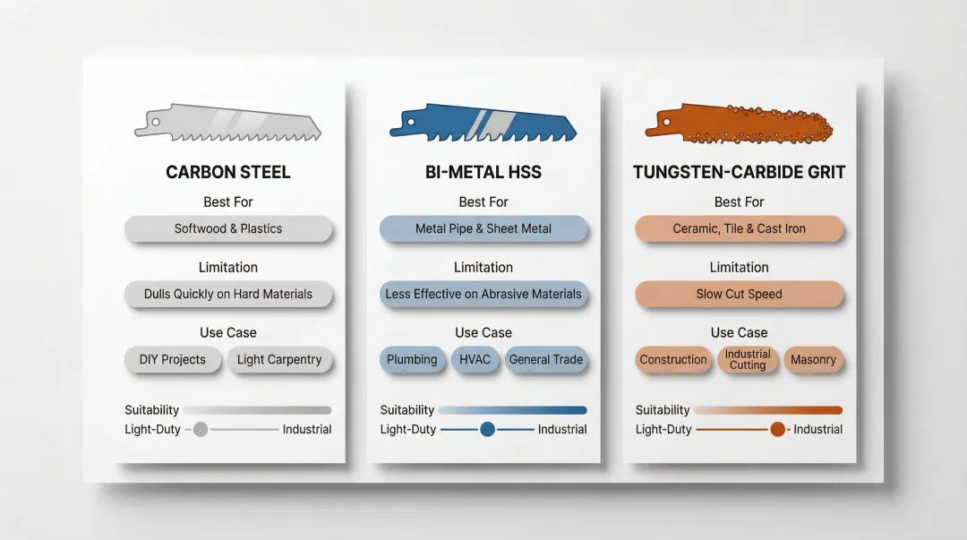 Three hacksaw blade material types compared by use case and limitation