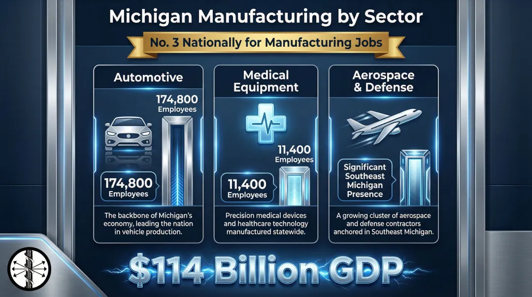 Michigan manufacturing sector breakdown showing automotive medical and aerospace employee counts