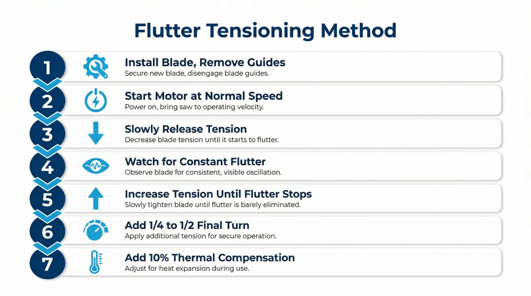 7-step flutter method bandsaw blade tensioning process flow diagram