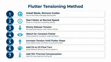 7-step flutter method bandsaw blade tensioning process flow diagram