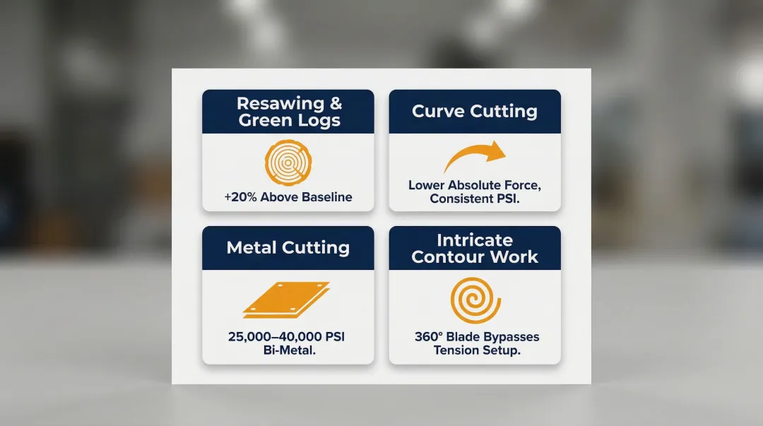 Bandsaw blade tension adjustments by cutting application type comparison chart