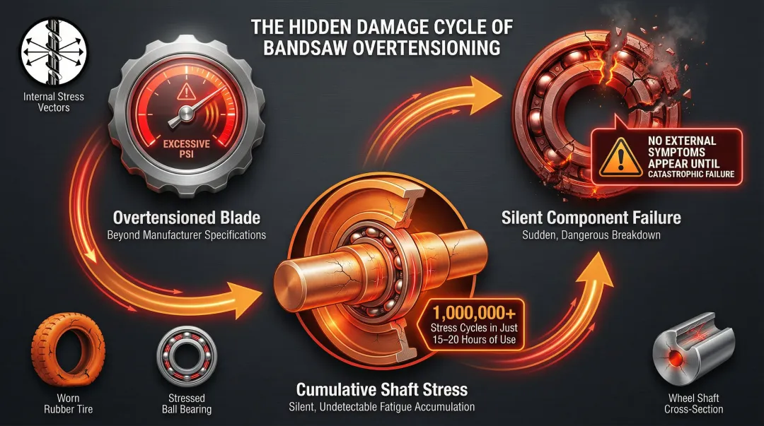 Bandsaw overtensioning damage cycle showing shaft stress accumulation over operating hours