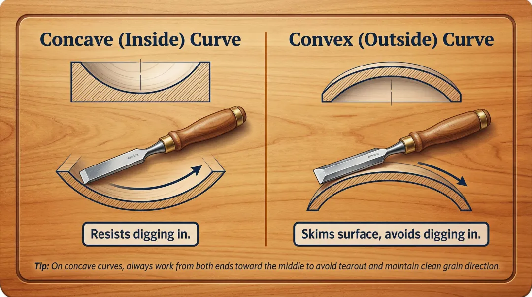 Concave versus convex curve chisel orientation comparison for woodworking cleanup