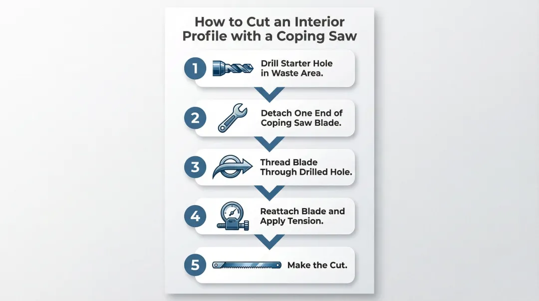 5-step coping saw interior curve cutting process from drill to finished cut