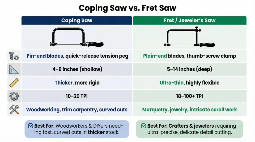 Coping saw versus fret saw feature comparison chart for woodworking curve cuts