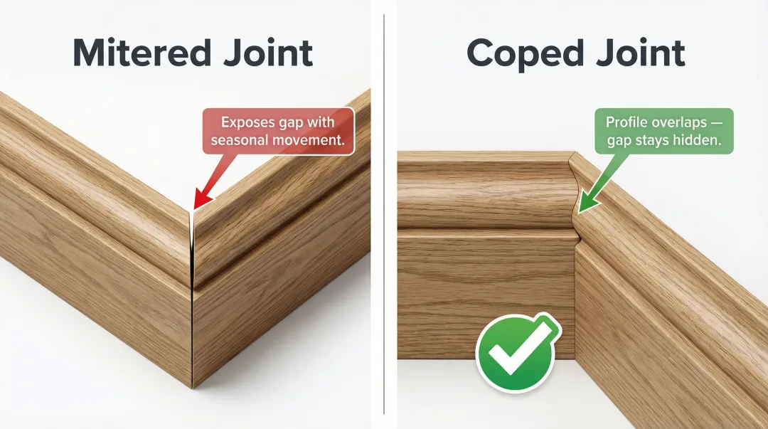 Coped joint versus mitered joint inside corner comparison infographic for molding
