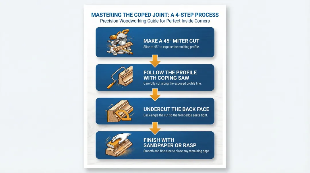 4-step coping joint process from miter cut to final fitting with coping saw