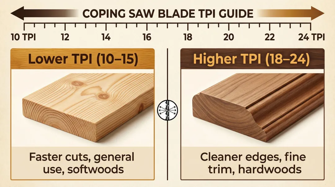 Coping saw blade TPI guide comparing tooth count to material and cut quality