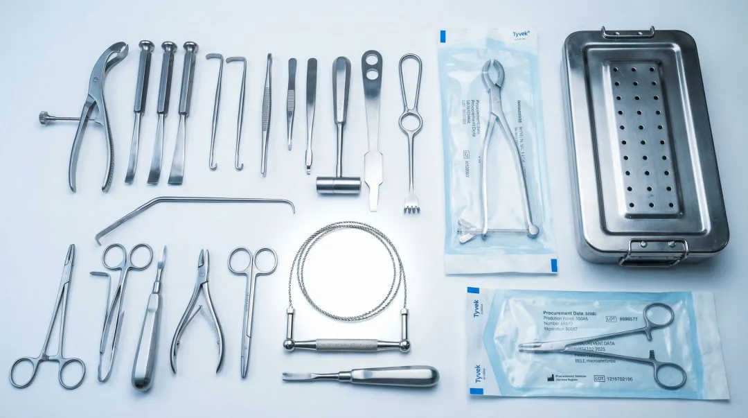 Hospital surgical instrument tray with orthopedic bone saw blades and tools