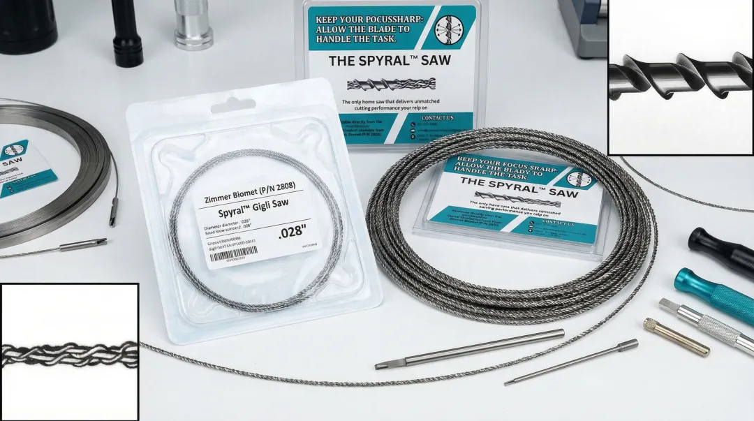 Spyral wire saw blade in multiple diameters alongside surgical and industrial configurations