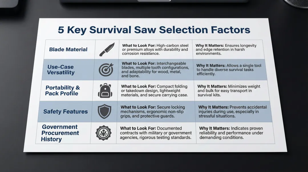 Five survival saw selection criteria comparison table blade material portability procurement