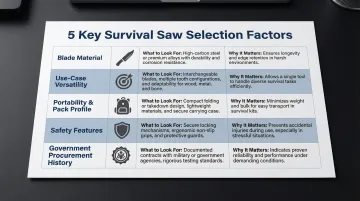 Five survival saw selection criteria comparison table blade material portability procurement