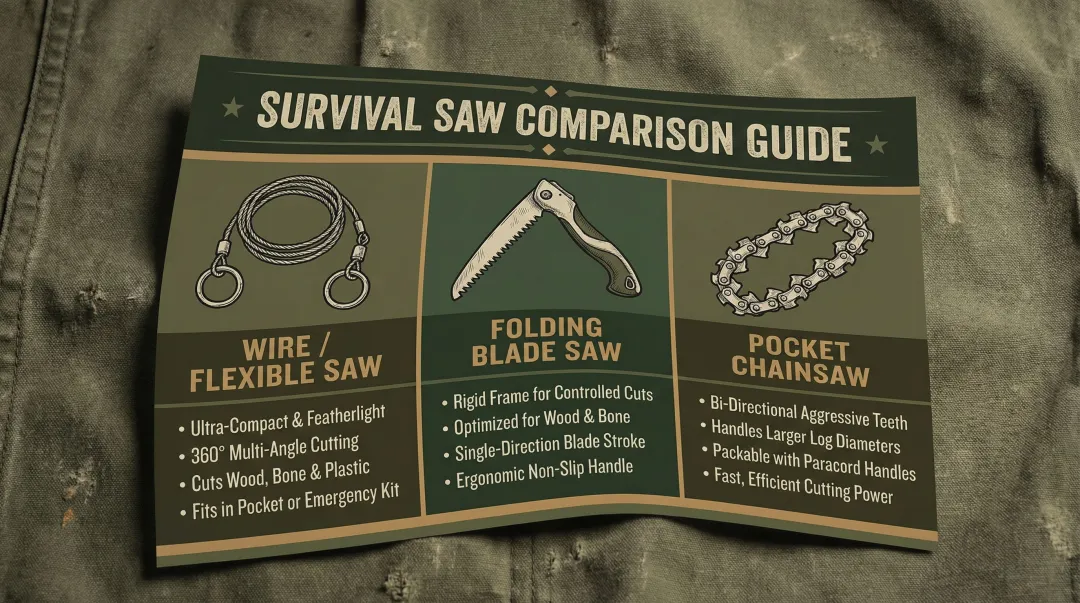 Three survival saw types wire folding and pocket chainsaw comparison infographic