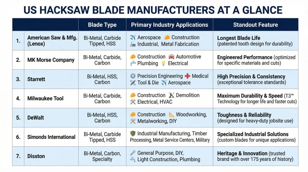 Top US hacksaw blade manufacturers comparison chart by industry application and blade type