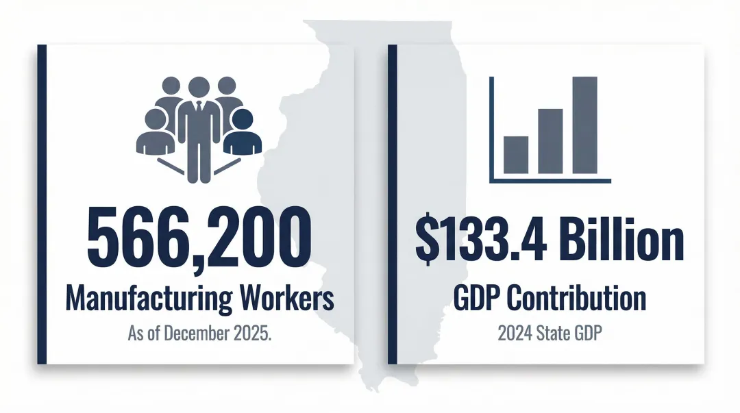Illinois manufacturing sector GDP contribution and workforce size statistics infographic