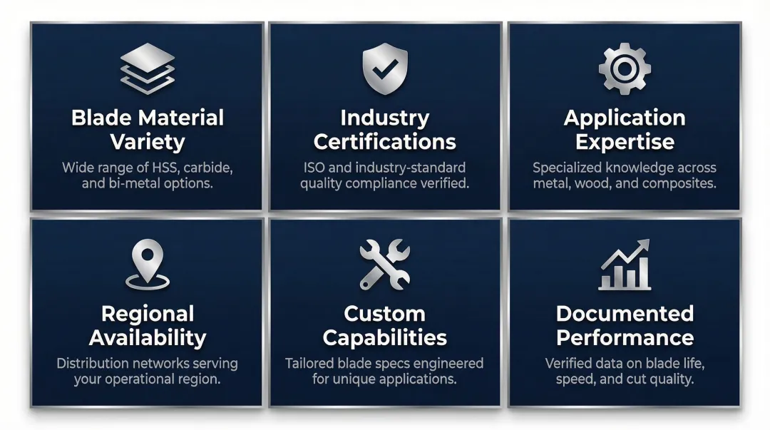 Six criteria for evaluating bandsaw blade manufacturers selection framework infographic