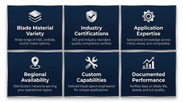 Six criteria for evaluating bandsaw blade manufacturers selection framework infographic
