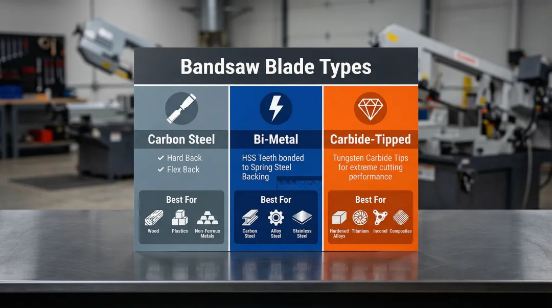 Three bandsaw blade types comparison carbon steel bi-metal and carbide-tipped