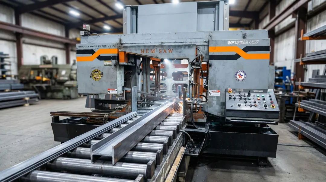 Industrial bandsaw machine cutting metal billet stock in manufacturing facility