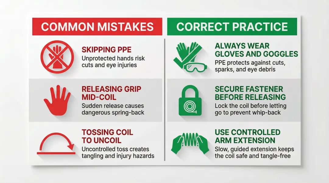 Three common bandsaw blade handling mistakes versus correct safe techniques comparison