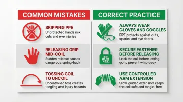 Three common bandsaw blade handling mistakes versus correct safe techniques comparison