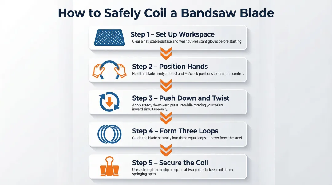 5-step bandsaw blade coiling process flow from setup to securing coil