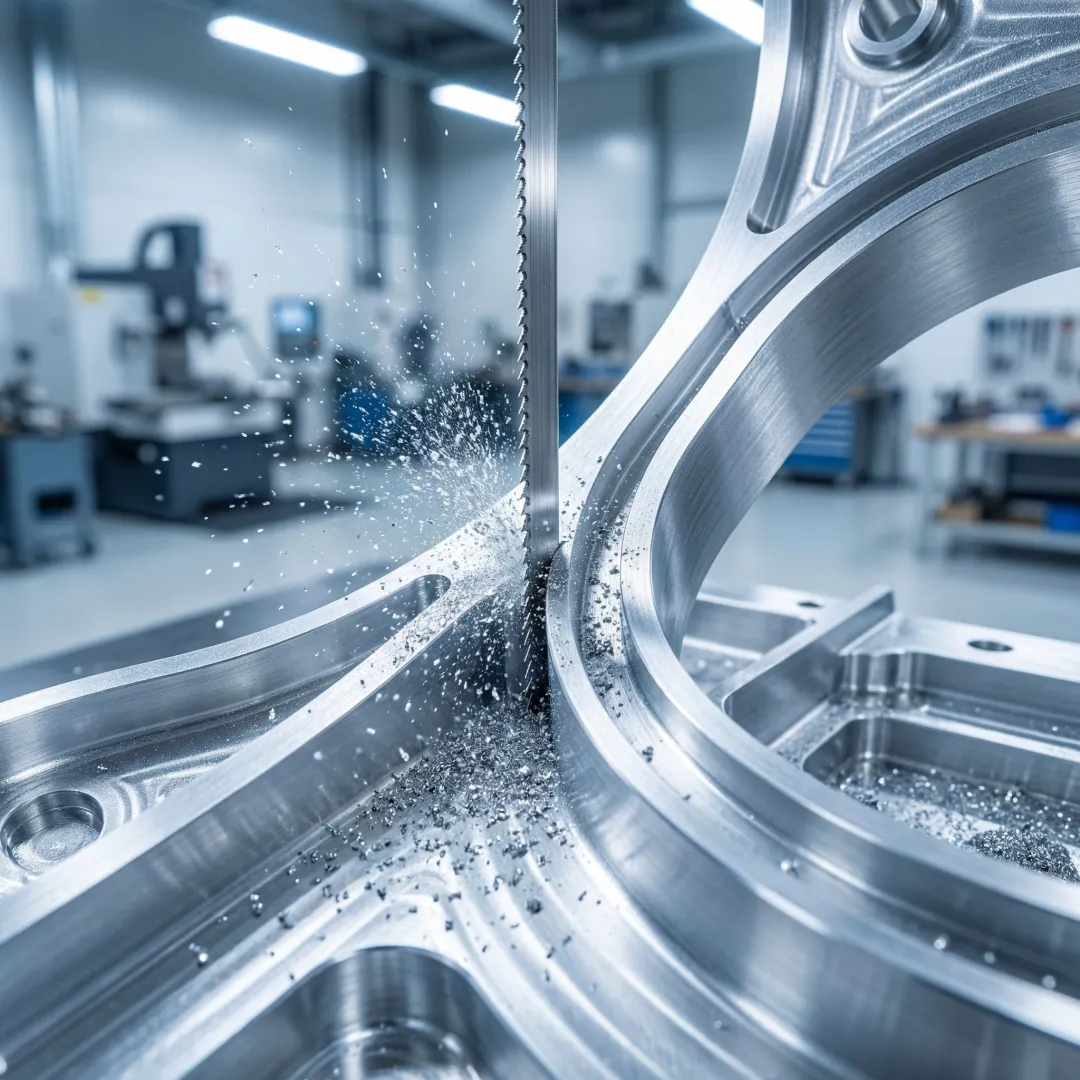 Wire saw blade cutting through curved metal component in aerospace workshop