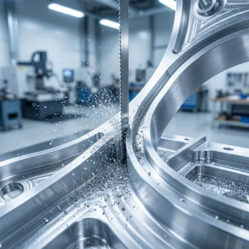 Wire saw blade cutting through curved metal component in aerospace workshop
