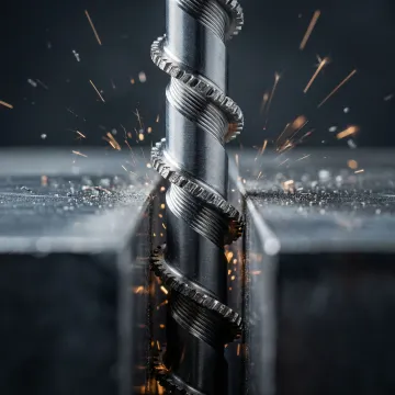 Close-up of Spyral wire saw blade cutting through metal with 360-degree tooth pattern