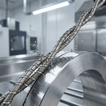Close-up of multi-directional wire saw blade cutting through industrial metal component