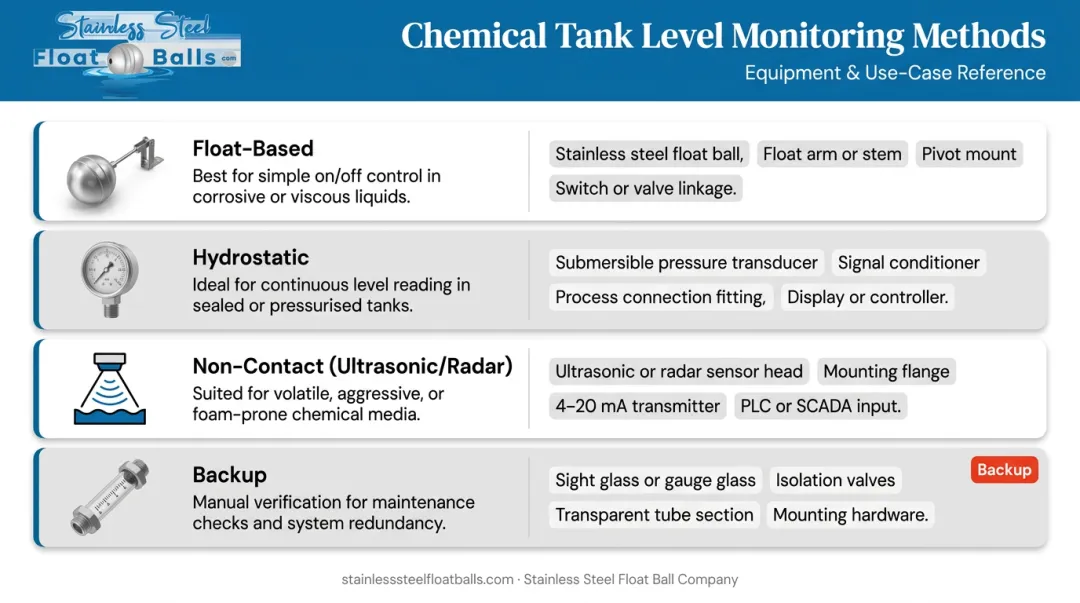 Chemical tank level monitoring methods equipment comparison table infographic
