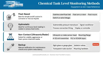 Chemical tank level monitoring methods equipment comparison table infographic