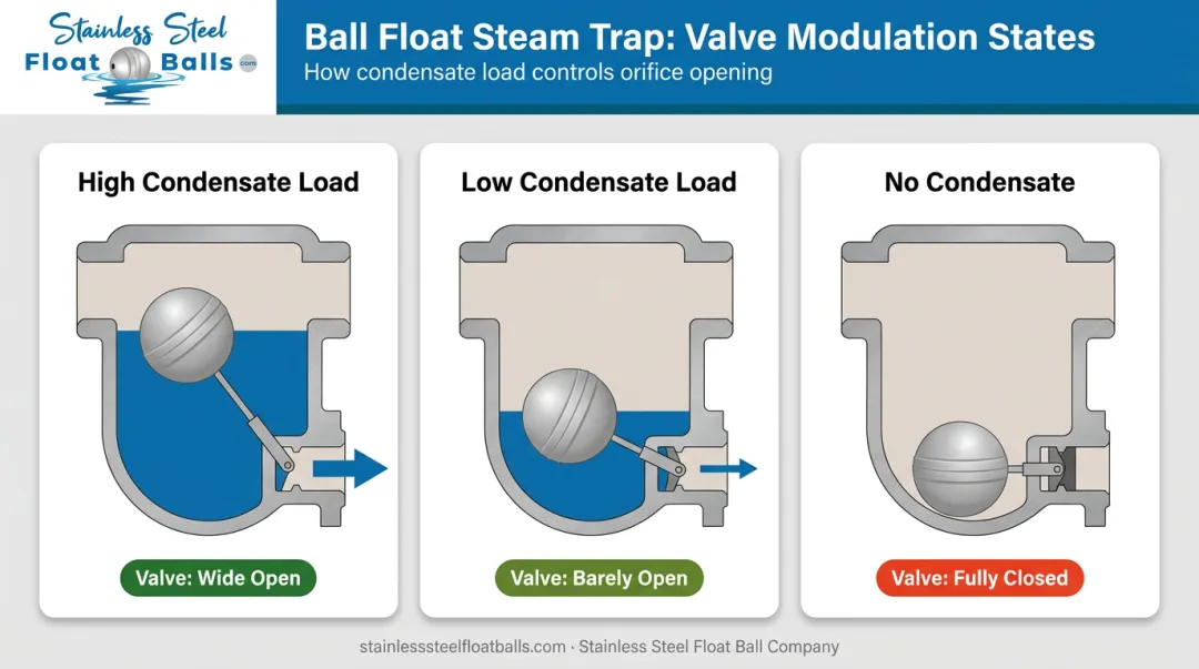Ball float steam trap proportional valve modulation three-state diagram infographic