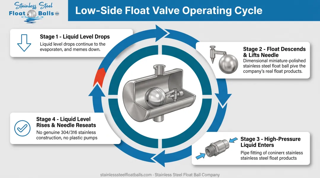 Four-step operating cycle diagram of low-side float valve mechanism