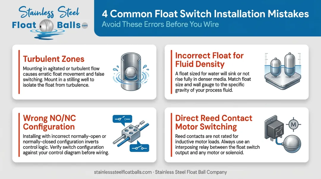 Four common magnetic float switch installation mistakes and correct practices warning infographic