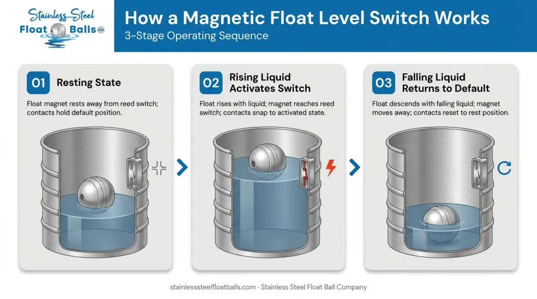 Three-step magnetic float level switch operating cycle process flow diagram