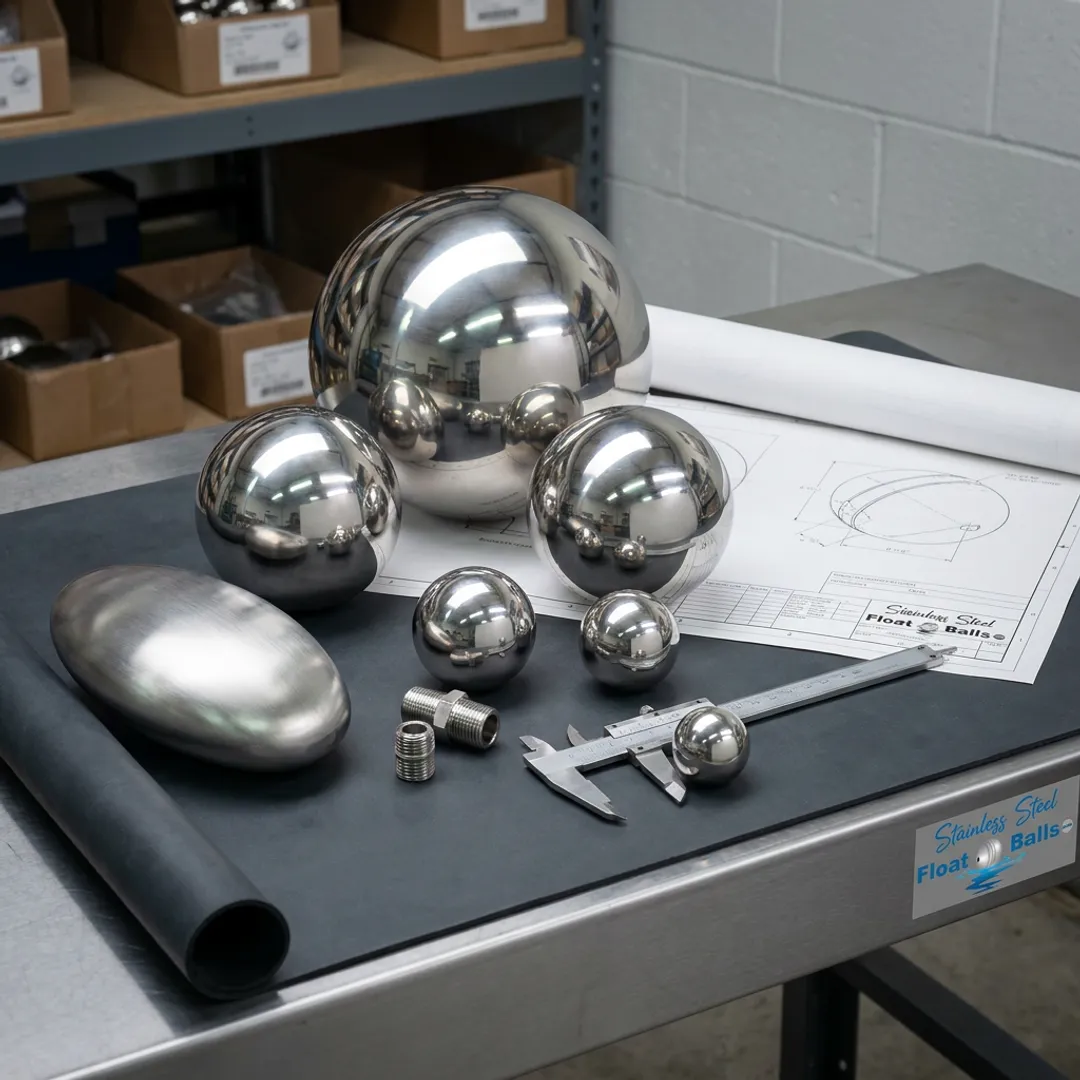 Custom stainless steel float balls on workbench