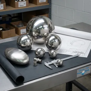 Custom stainless steel float balls on workbench