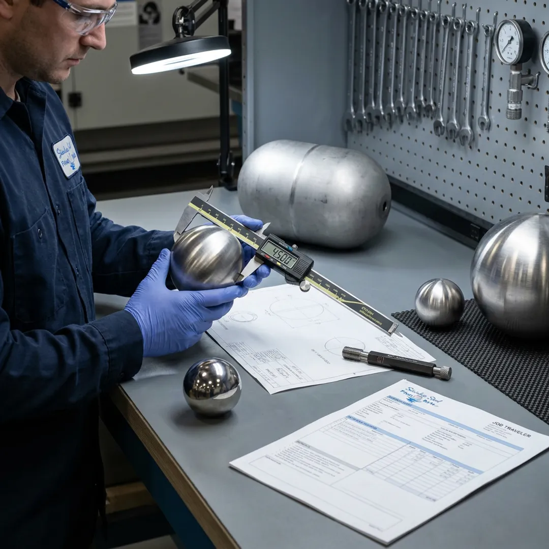 Technician measuring stainless steel float ball specifications