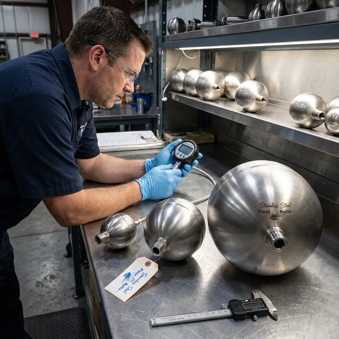 Technician inspecting stainless steel float balls