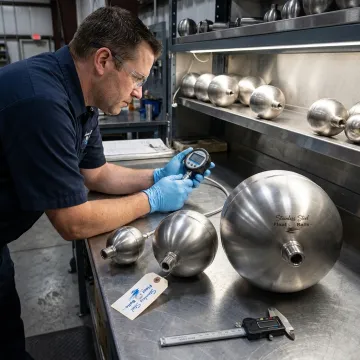 Technician inspecting stainless steel float balls